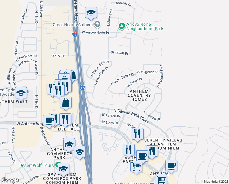 map of restaurants, bars, coffee shops, grocery stores, and more near 42932 North Raleigh Court in New River
