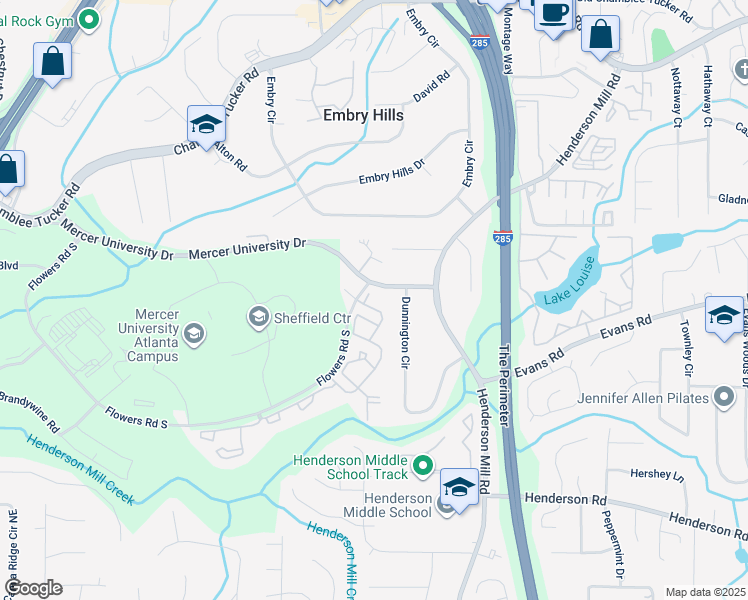 map of restaurants, bars, coffee shops, grocery stores, and more near 3311 Flowers Road South in Atlanta