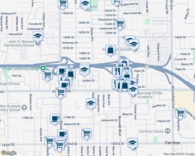 map of restaurants, bars, coffee shops, grocery stores, and more near 17219 Horst Avenue in Cerritos
