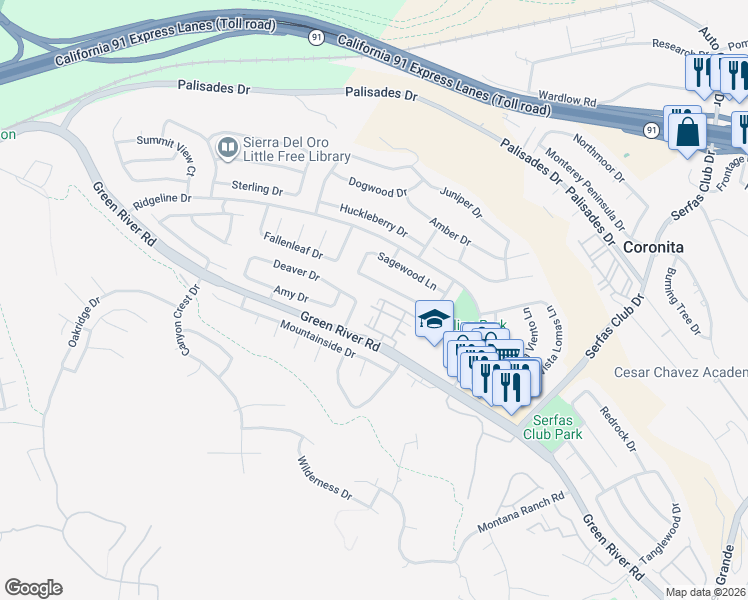 map of restaurants, bars, coffee shops, grocery stores, and more near 3190 Castelar Court in Corona