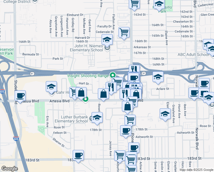 map of restaurants, bars, coffee shops, grocery stores, and more near 17215 Jersey Avenue in Artesia