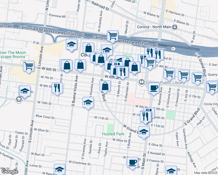 map of restaurants, bars, coffee shops, grocery stores, and more near 702 Crawford Street in Corona