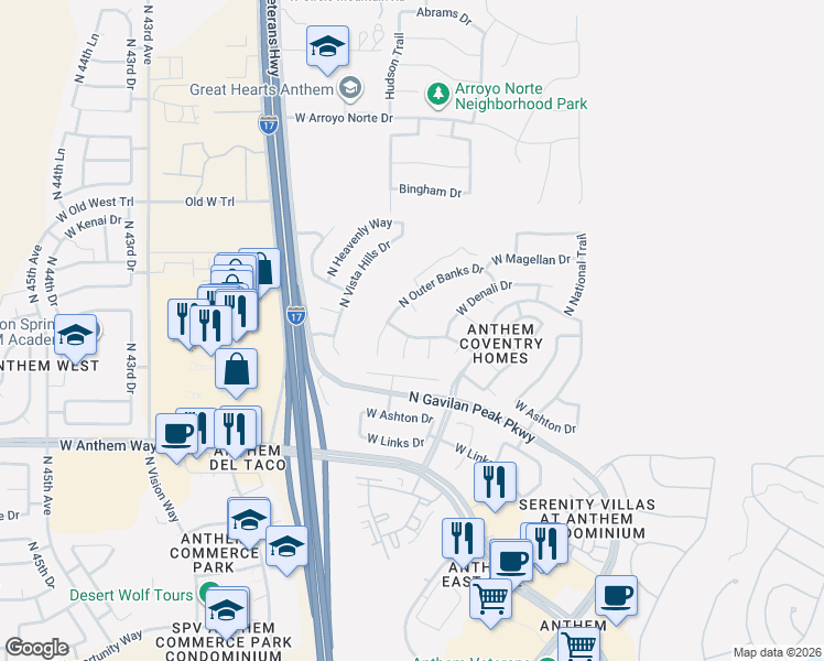 map of restaurants, bars, coffee shops, grocery stores, and more near 42932 North Raleigh Court in New River