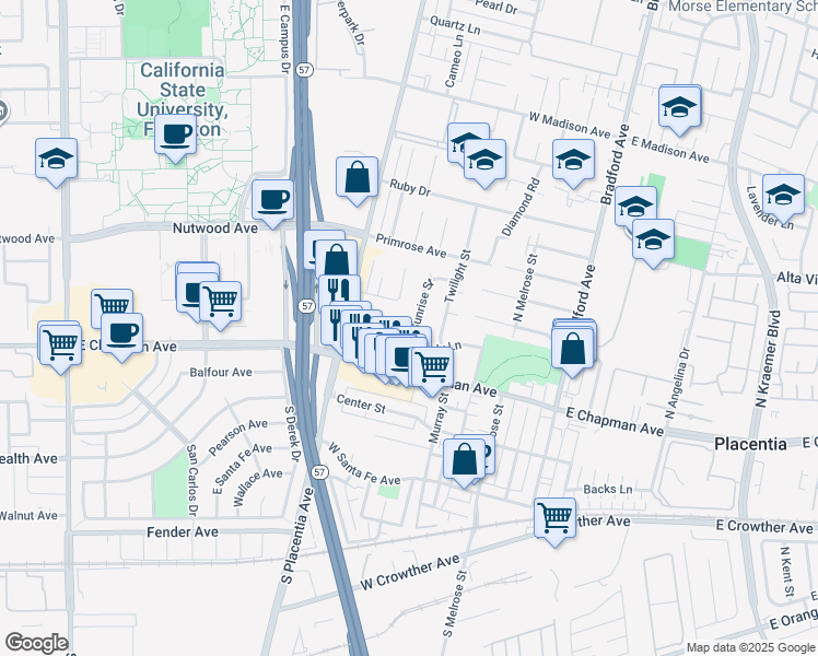 map of restaurants, bars, coffee shops, grocery stores, and more near 216 Sunrise Street in Placentia