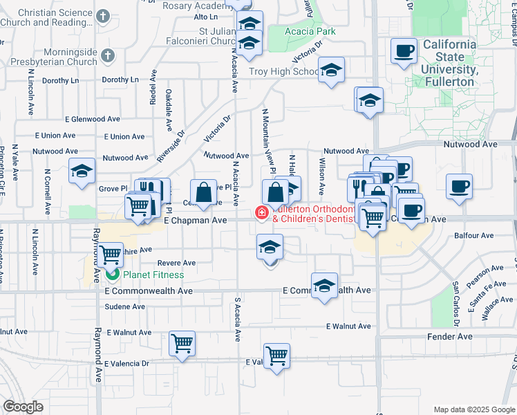 map of restaurants, bars, coffee shops, grocery stores, and more near 1821 East Chapman Avenue in Fullerton