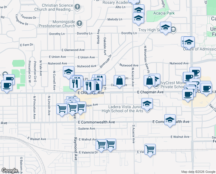 map of restaurants, bars, coffee shops, grocery stores, and more near 1451 East Chapman Avenue in Fullerton