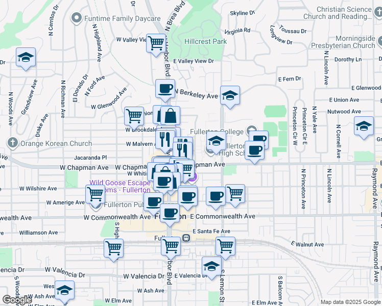 map of restaurants, bars, coffee shops, grocery stores, and more near in Fullerton