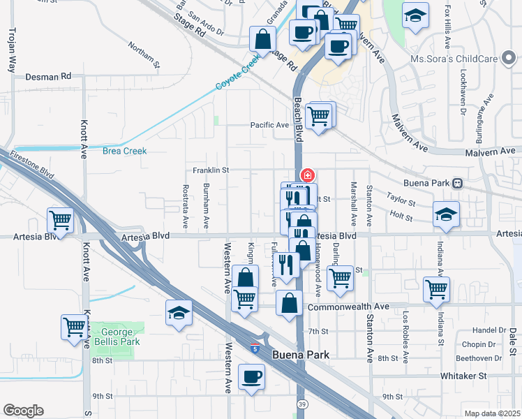 map of restaurants, bars, coffee shops, grocery stores, and more near 5922 Kingman Avenue in Buena Park