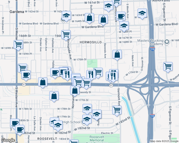 map of restaurants, bars, coffee shops, grocery stores, and more near 17100 South Park Lane in Gardena