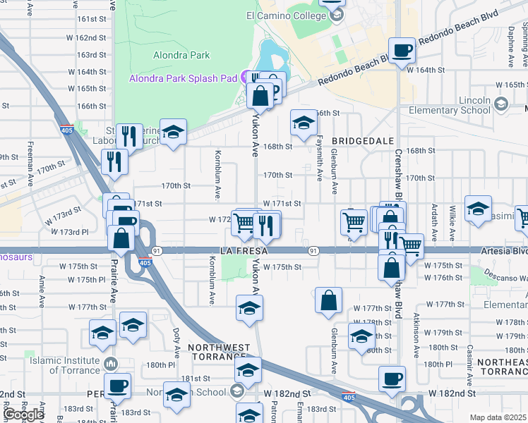 map of restaurants, bars, coffee shops, grocery stores, and more near 17124 Yukon Avenue in Torrance