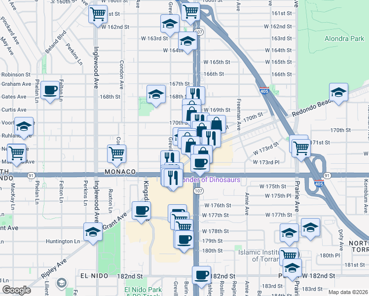 map of restaurants, bars, coffee shops, grocery stores, and more near 4415 Redondo Beach Boulevard in Lawndale