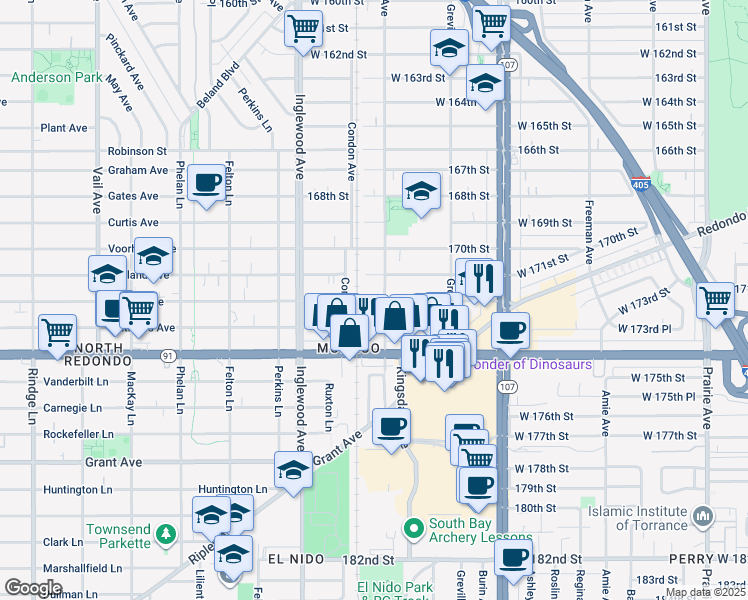 map of restaurants, bars, coffee shops, grocery stores, and more near 4580 West 172nd Street in Lawndale