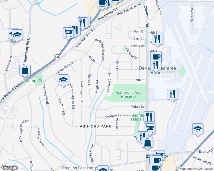 map of restaurants, bars, coffee shops, grocery stores, and more near 2997 Skyland Drive Northeast in Chamblee