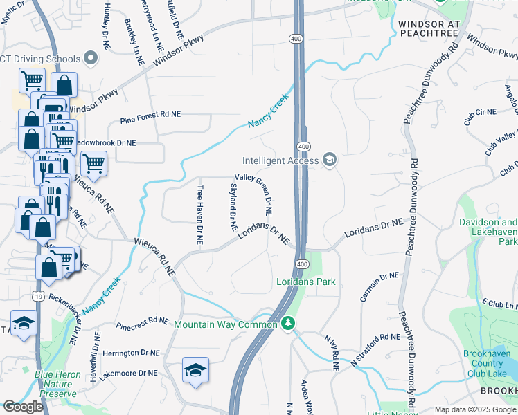 map of restaurants, bars, coffee shops, grocery stores, and more near 671 Valley Green Drive Northeast in Atlanta