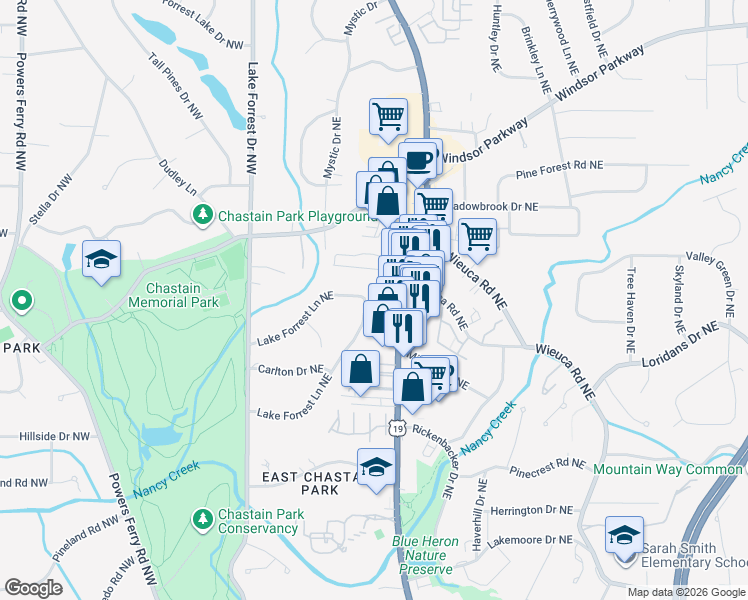 map of restaurants, bars, coffee shops, grocery stores, and more near 176 Lake Forrest Lane Northeast in Atlanta