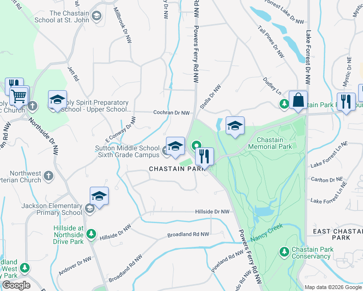 map of restaurants, bars, coffee shops, grocery stores, and more near 4384 Powers Ferry Road Northwest in Atlanta