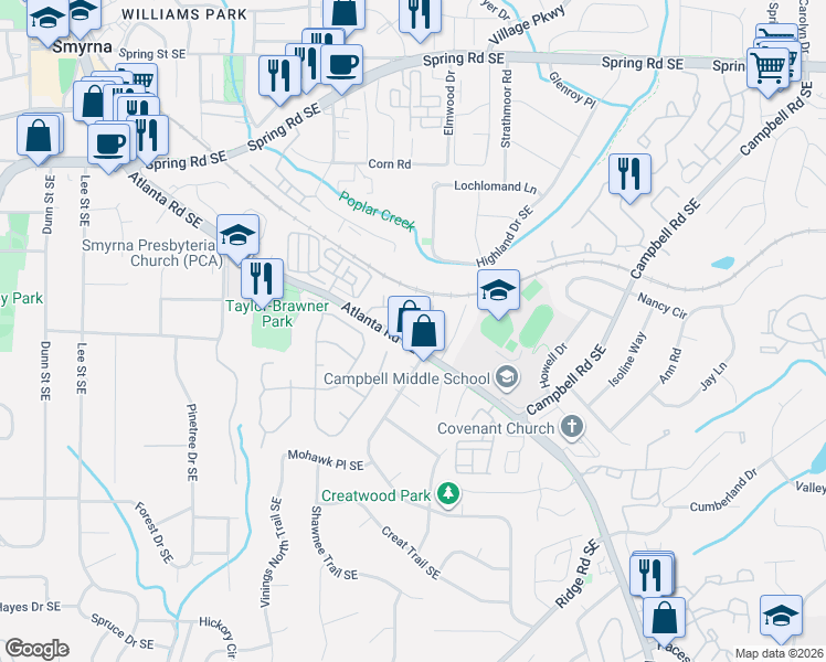 map of restaurants, bars, coffee shops, grocery stores, and more near 3255 Atlanta Road Southeast in Smyrna