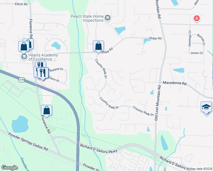 map of restaurants, bars, coffee shops, grocery stores, and more near 3250 Woodcliff Way in Powder Springs