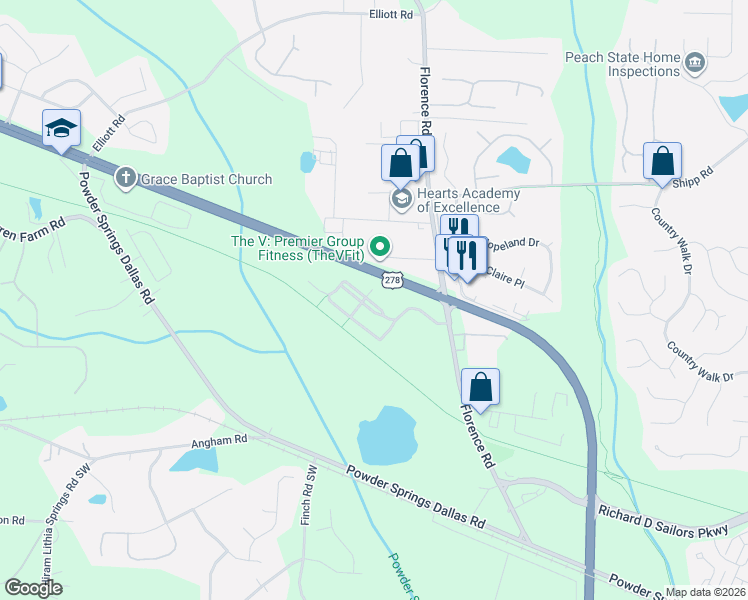 map of restaurants, bars, coffee shops, grocery stores, and more near 5192 Carrington Park Drive in Powder Springs
