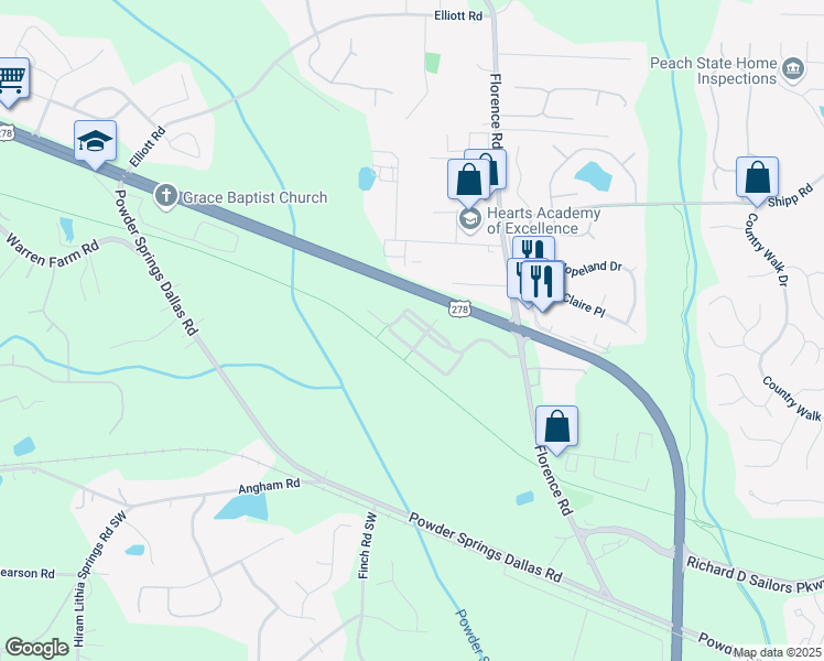 map of restaurants, bars, coffee shops, grocery stores, and more near 5209 Carrington Park Drive in Powder Springs