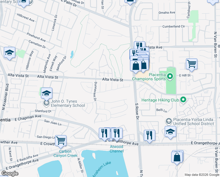 map of restaurants, bars, coffee shops, grocery stores, and more near 505 Lowe Drive in Placentia