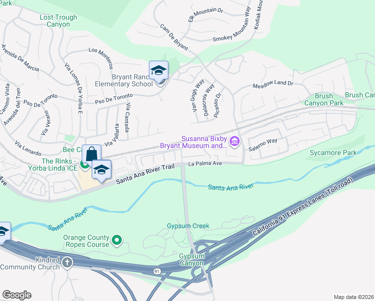 map of restaurants, bars, coffee shops, grocery stores, and more near 23964 Old Pomegranate Road in Yorba Linda