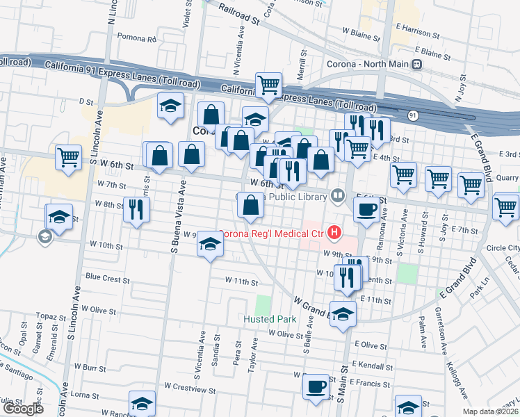 map of restaurants, bars, coffee shops, grocery stores, and more near 702 Crawford Street in Corona