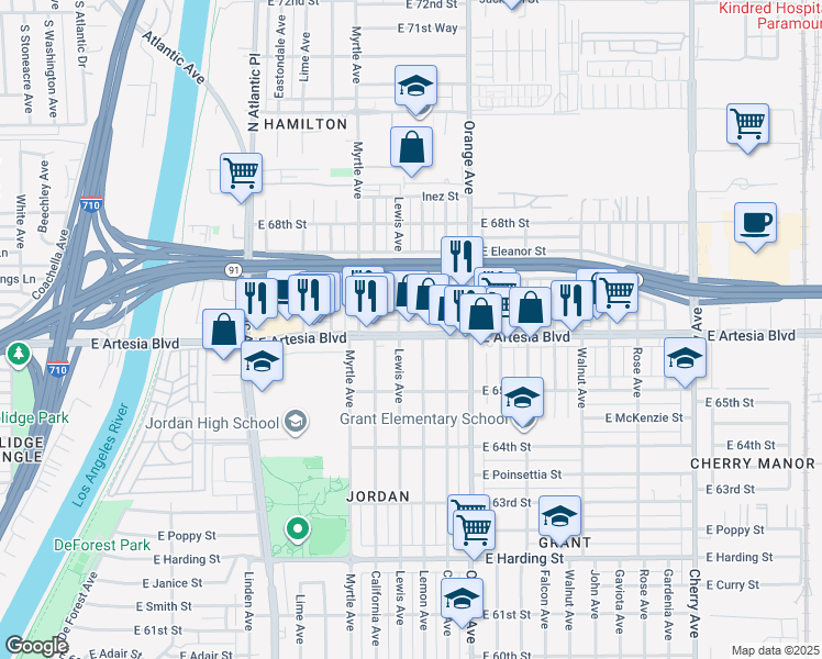 map of restaurants, bars, coffee shops, grocery stores, and more near 1106 East Artesia Boulevard in Long Beach