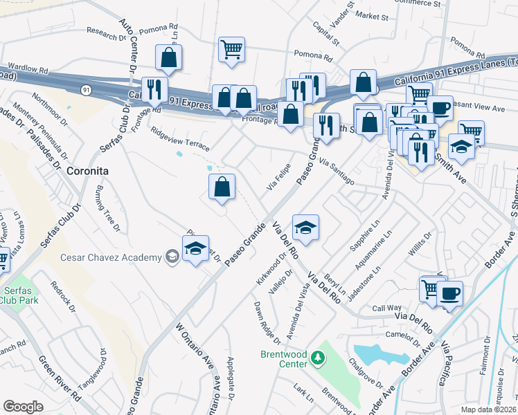 map of restaurants, bars, coffee shops, grocery stores, and more near 1924 Via Del Rio in Corona