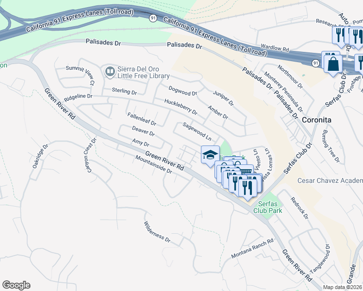 map of restaurants, bars, coffee shops, grocery stores, and more near 3190 Castelar Court in Corona