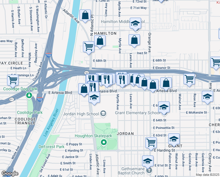map of restaurants, bars, coffee shops, grocery stores, and more near 725 East Artesia Boulevard in Long Beach