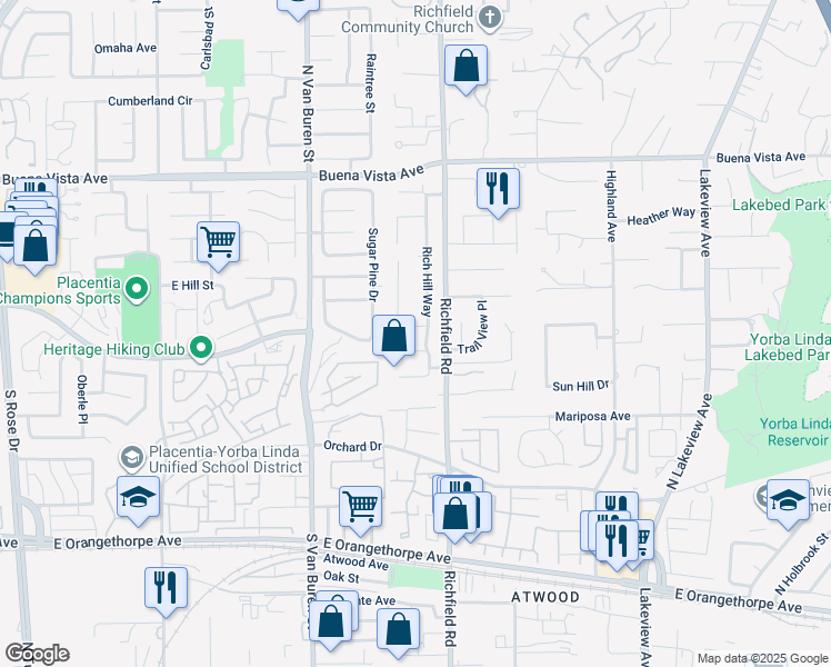 map of restaurants, bars, coffee shops, grocery stores, and more near 17572 Shane Way in Yorba Linda