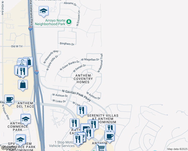 map of restaurants, bars, coffee shops, grocery stores, and more near 42937 North Voyage Trail in New River