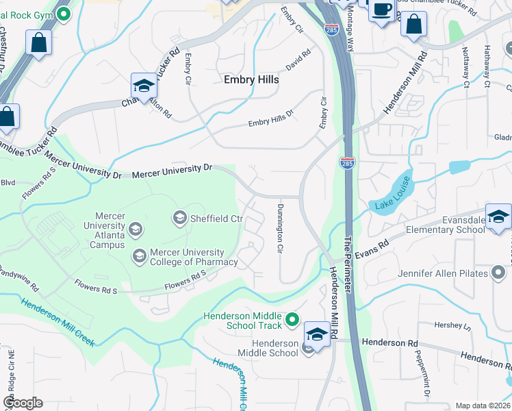 map of restaurants, bars, coffee shops, grocery stores, and more near 2950 Dunnington Circle in Atlanta
