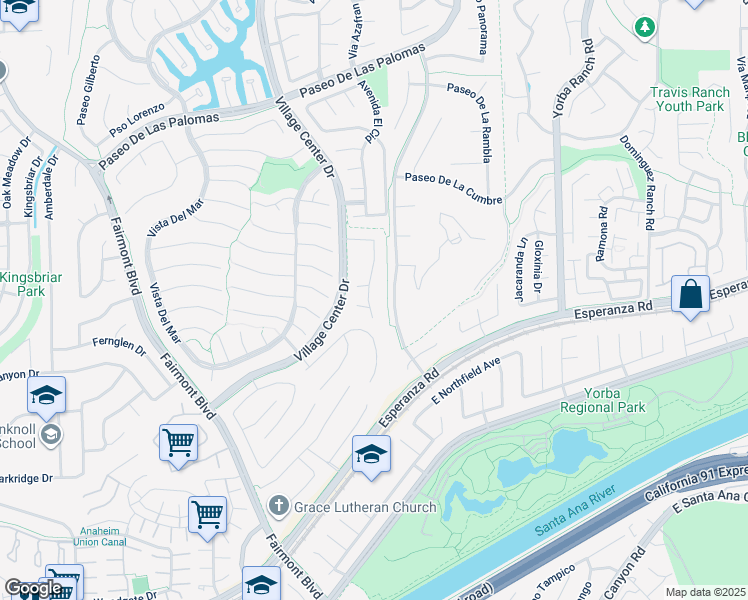 map of restaurants, bars, coffee shops, grocery stores, and more near 5770 Southview Drive in Yorba Linda