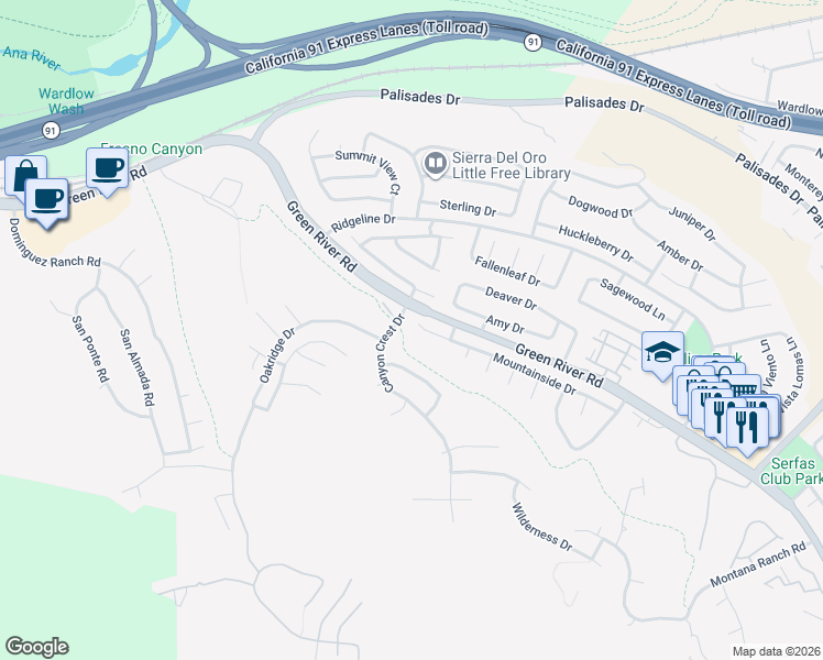 map of restaurants, bars, coffee shops, grocery stores, and more near 3450 Mountainside Circle in Corona