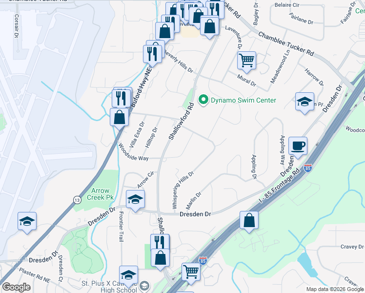 map of restaurants, bars, coffee shops, grocery stores, and more near 2473 Woodside Way in Chamblee