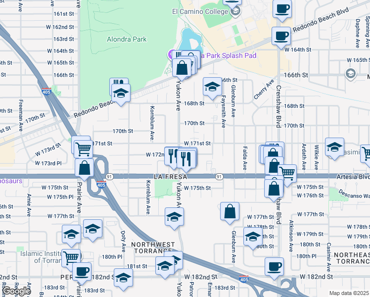 map of restaurants, bars, coffee shops, grocery stores, and more near 3448 West 171st Street in Torrance