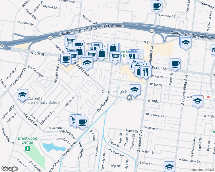 map of restaurants, bars, coffee shops, grocery stores, and more near South Sherman Avenue in Corona
