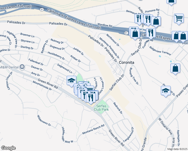 map of restaurants, bars, coffee shops, grocery stores, and more near 2731 Via Cielo Drive in Corona