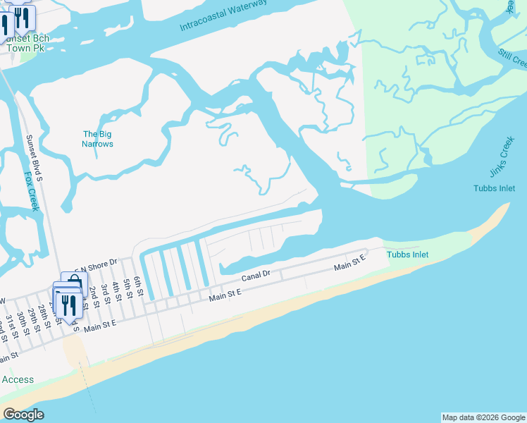 map of restaurants, bars, coffee shops, grocery stores, and more near 1510 North Shore Drive in Sunset Beach