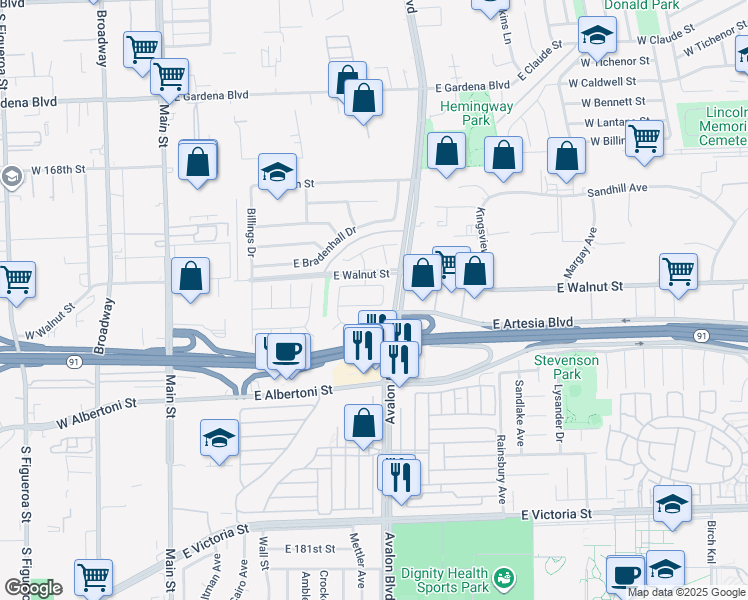 map of restaurants, bars, coffee shops, grocery stores, and more near 591 East Cheriton Drive in Carson