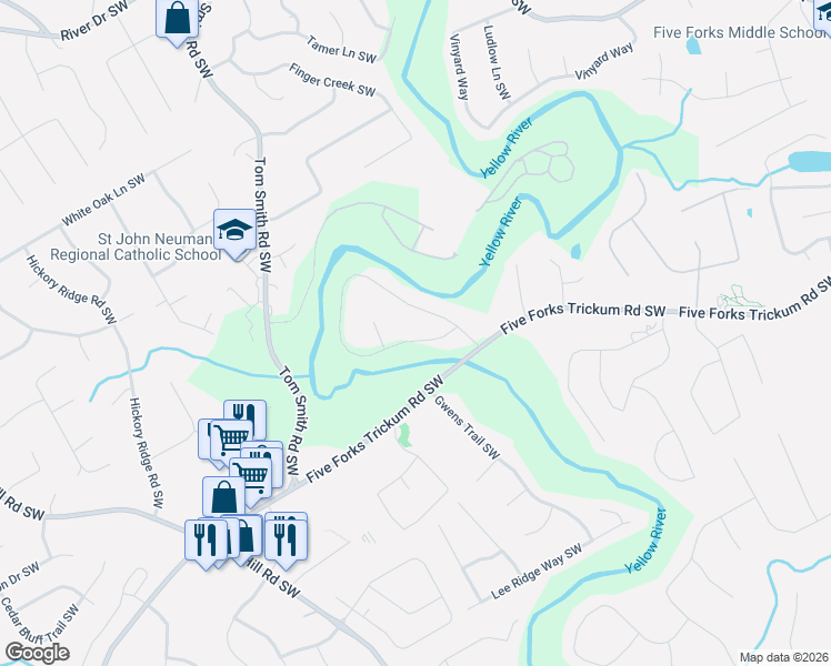 map of restaurants, bars, coffee shops, grocery stores, and more near 636 E Riverbend Drive Southwest in Lilburn