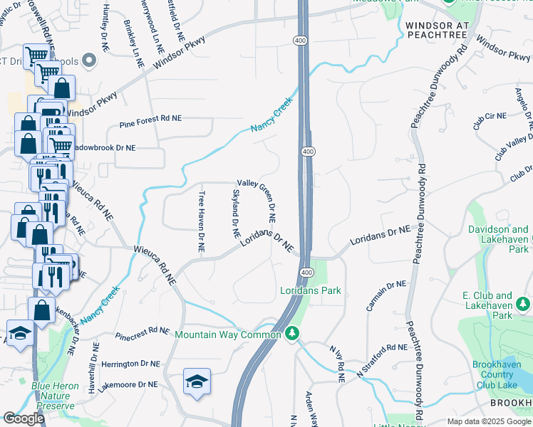 map of restaurants, bars, coffee shops, grocery stores, and more near 671 Valley Green Drive Northeast in Atlanta