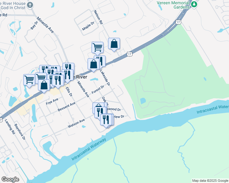 map of restaurants, bars, coffee shops, grocery stores, and more near 4406 Lakeside Drive in Little River