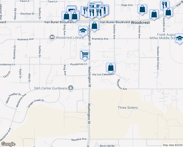 map of restaurants, bars, coffee shops, grocery stores, and more near 17010 Vía Los Caballeros in Riverside