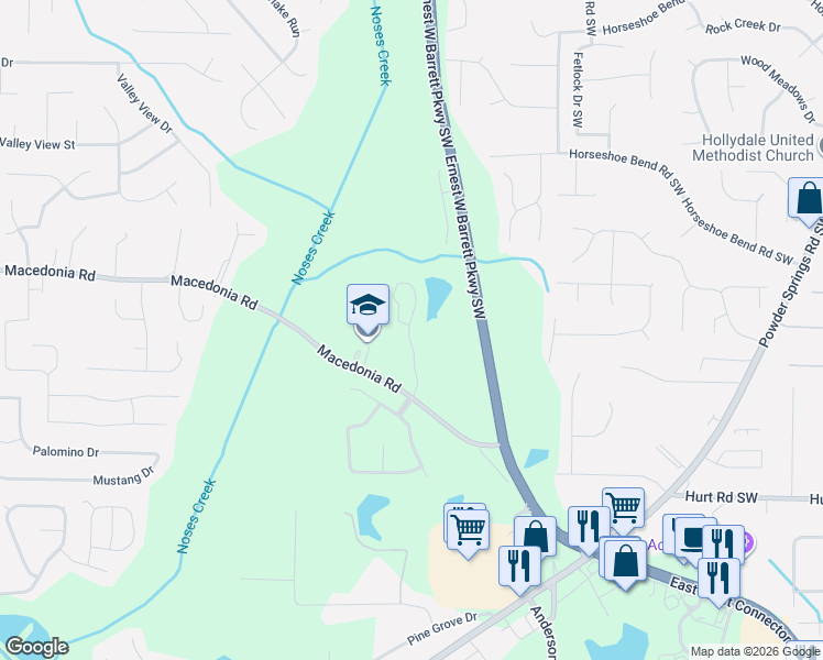 map of restaurants, bars, coffee shops, grocery stores, and more near 2890 Macedonia Road in Powder Springs