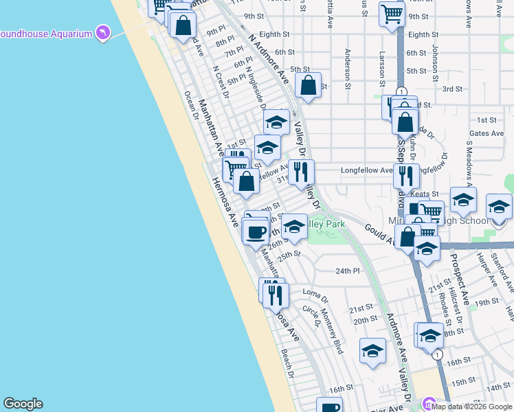map of restaurants, bars, coffee shops, grocery stores, and more near 230 30th Street in Hermosa Beach