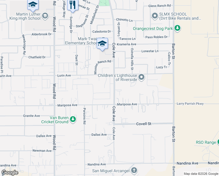 map of restaurants, bars, coffee shops, grocery stores, and more near 19399 Lurin Avenue in Riverside