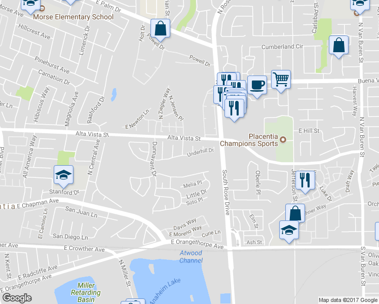 map of restaurants, bars, coffee shops, grocery stores, and more near 501 Newman Circle in Placentia